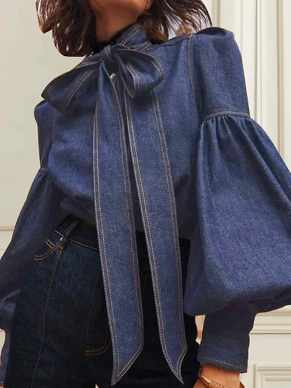 Elegant Puff Sleeve Denim Blouse