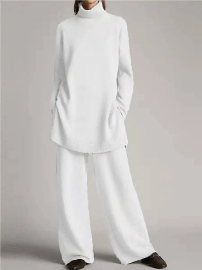 Solid Color Long Pants Set – Loose Turtleneck Pullover & Wide Leg Trousers Two-Piece Set