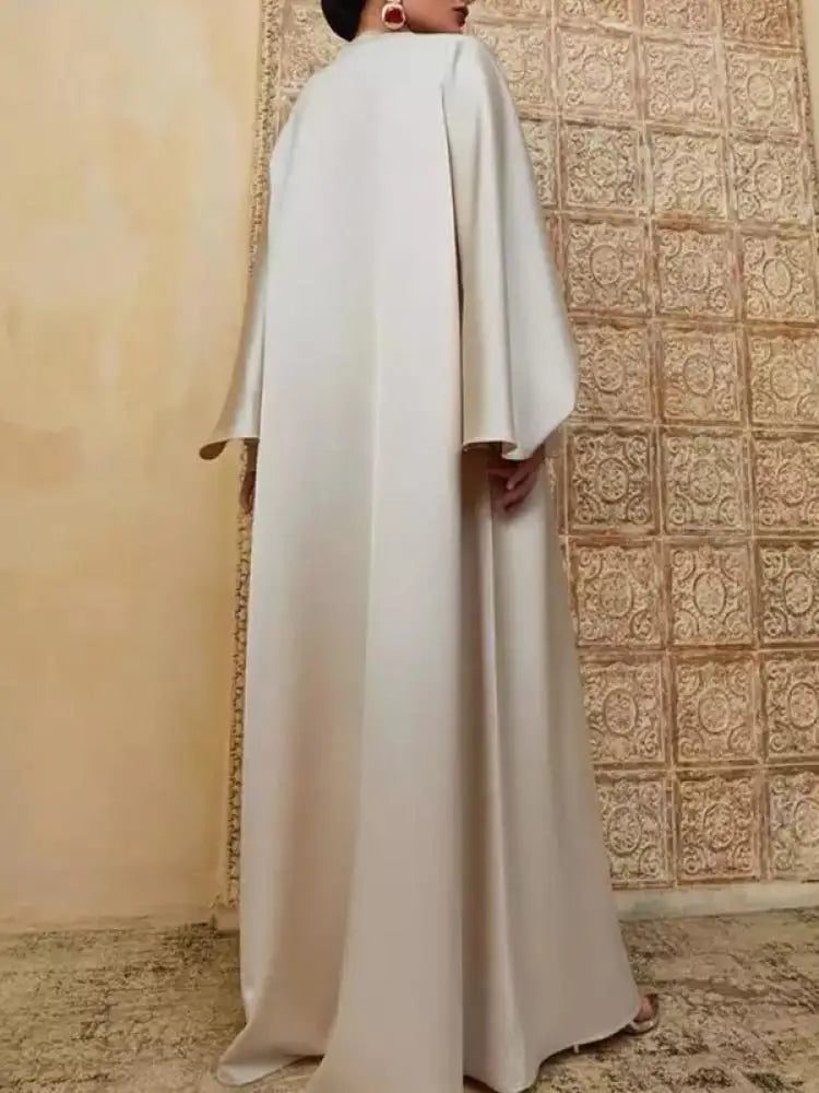 Women's Solid Color Split Floor Length Robe with Round Neck and Long Batwing Sleeves