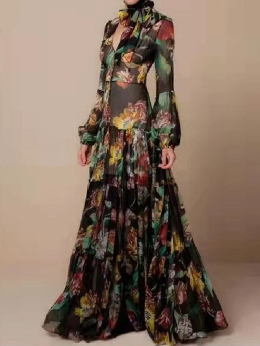 Floral Print Chiffon Maxi Dress – V-Neck & Lantern Sleeves