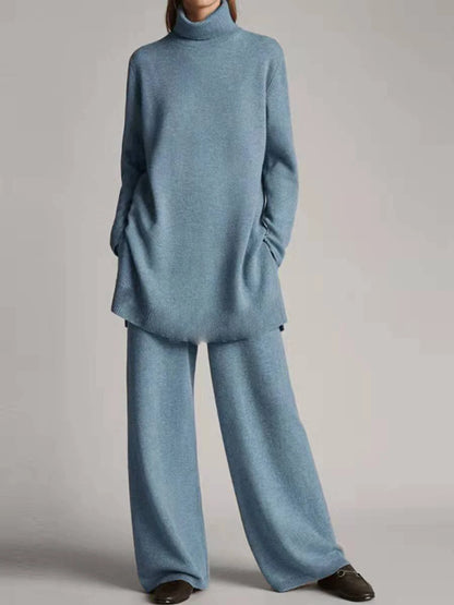 Solid Color Long Pants Set – Loose Turtleneck Pullover & Wide Leg Trousers Two-Piece Set
