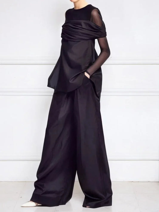 Pant Sets Two-Piece Set – See-Through Blouse & Wide Leg Pocket Loose Pants