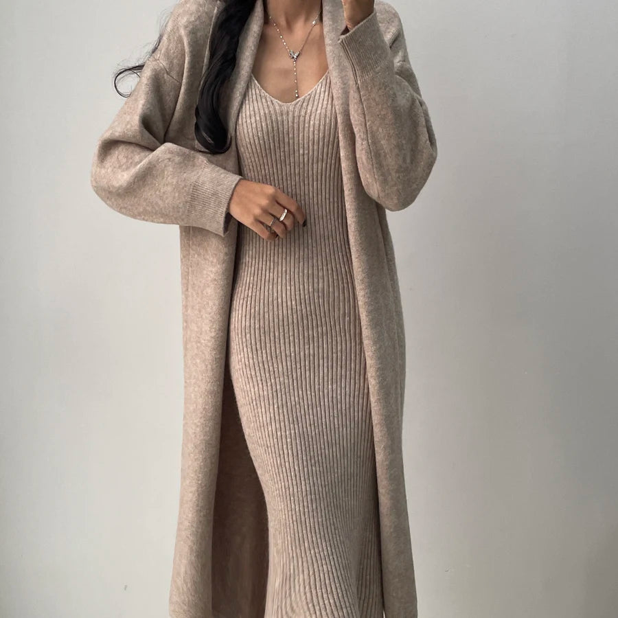 Knitted Dresses 2 Pieces Set V Neck Knit Sweater Dress+long Sleeve Solid Cardigans