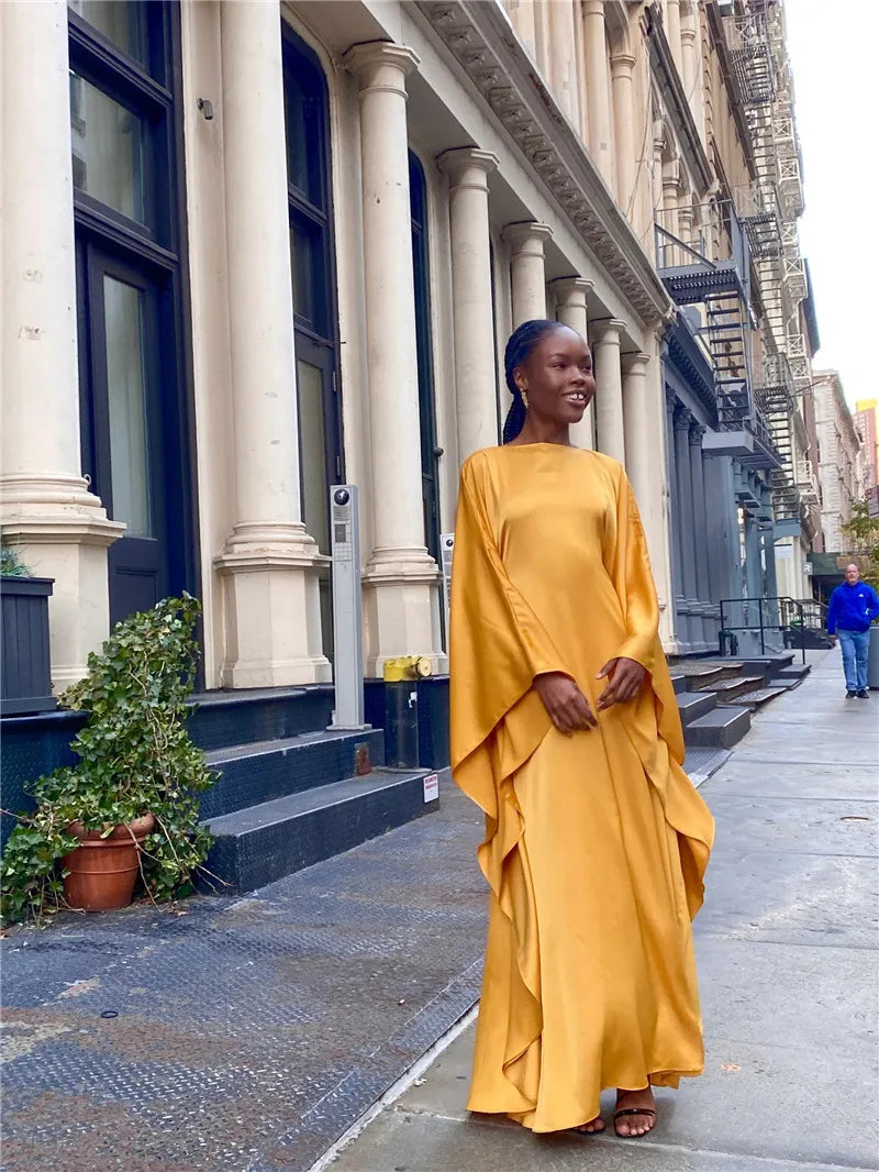 Elegant Satin Long Sleeve Maxi Dress for Women – Slim Round Neck