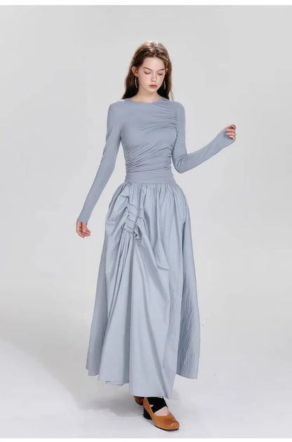 Ballet Style Round Neck Dress – Pleated Long Sleeved Fit & Flare Dress