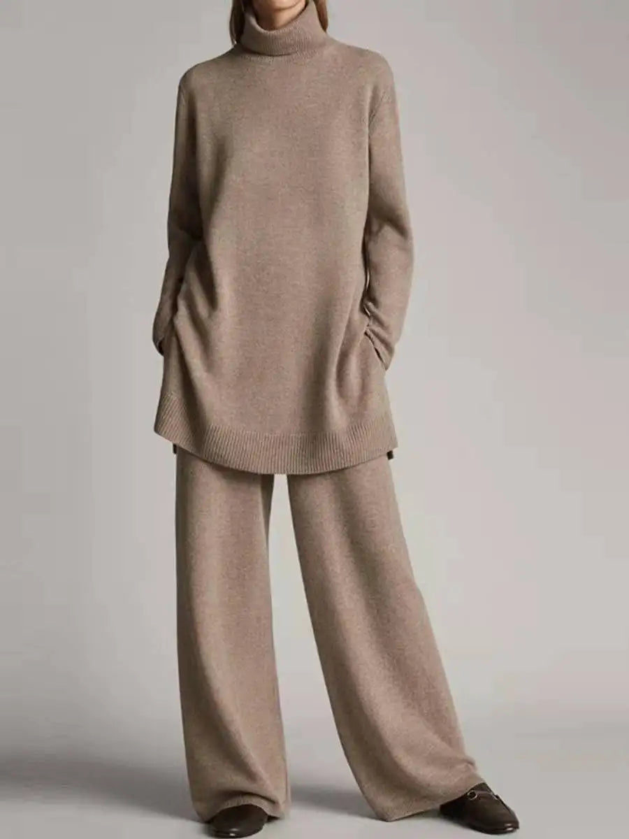 Solid Color Long Pants Set – Loose Turtleneck Pullover & Wide Leg Trousers Two-Piece Set
