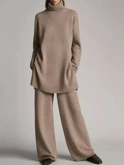 Solid Color Long Pants Set – Loose Turtleneck Pullover & Wide Leg Trousers Two-Piece Set