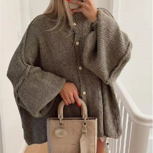Loose Sweater Metal Button Cardigan – Single Breasted Knit