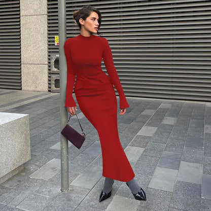 Maxi Dress High Waist Pocket Solid Long Dress