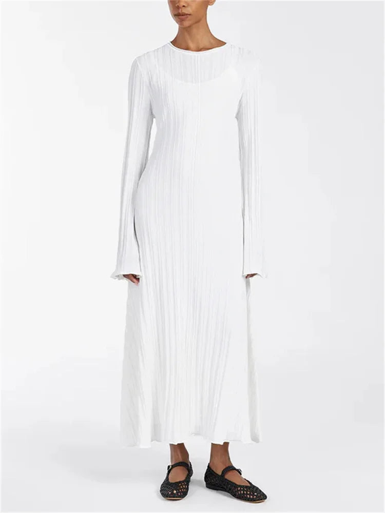 Loose Maxi Dress for Women – Lace-Up High Waist Ribbed Long Sleeve Knit Bandage Dress