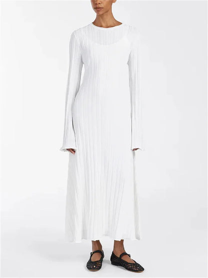 Loose Maxi Dress for Women – Lace-Up High Waist Ribbed Long Sleeve Knit Bandage Dress