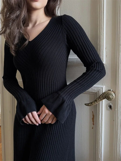 V-Neck Ribbed Knitwear Ruffled Slim Bodycon Maxi Dress