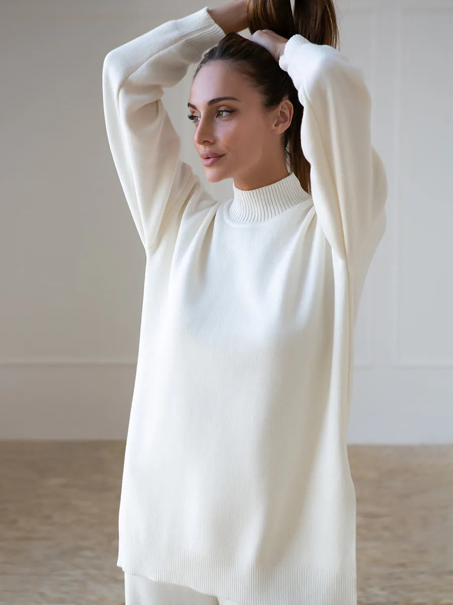 Knitted 2-Piece Suit – Half Turtleneck Sweater & Wide Leg Pants Set