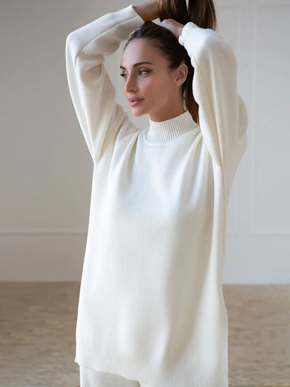 Knitted 2-Piece Suit – Half Turtleneck Sweater & Wide Leg Pants Set