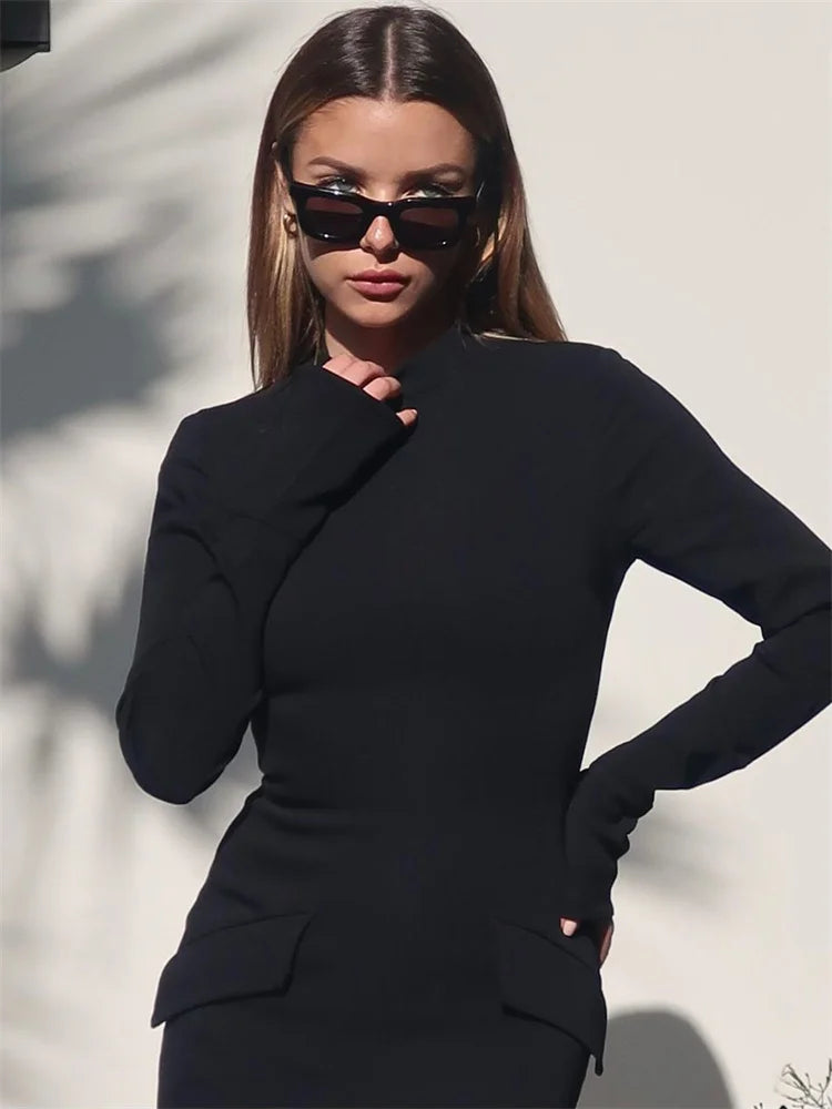 Maxi Dress High Waist Pocket Solid Long Dress