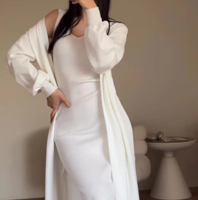 Elegant Two-Piece Set – Solid Color Slim Fit Knitted Sweater & Long Dress