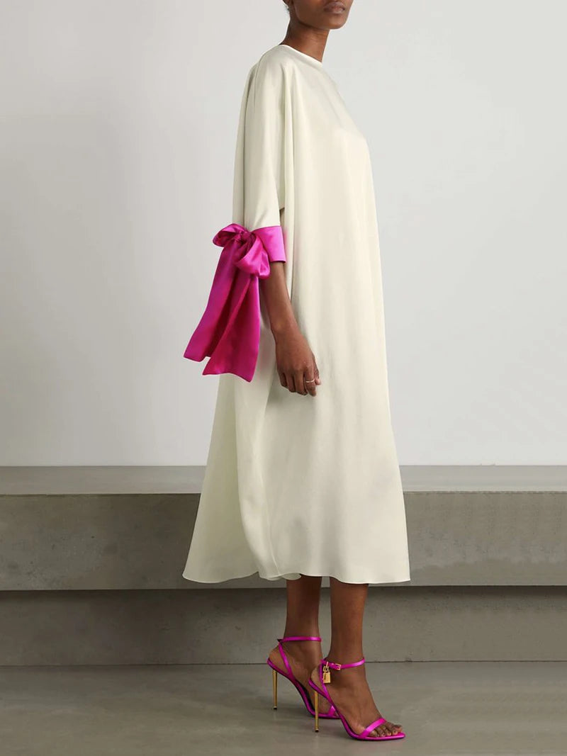 Elegant Bow Contrast Color Round-Neck Midi Dress