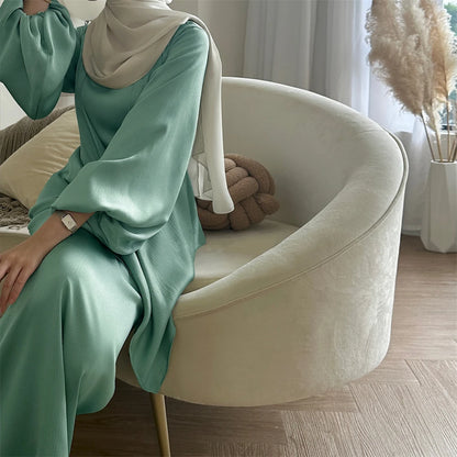 Satin Plain 2-Piece Abaya Set – Elegant Modest Clothing Kaftan Robe