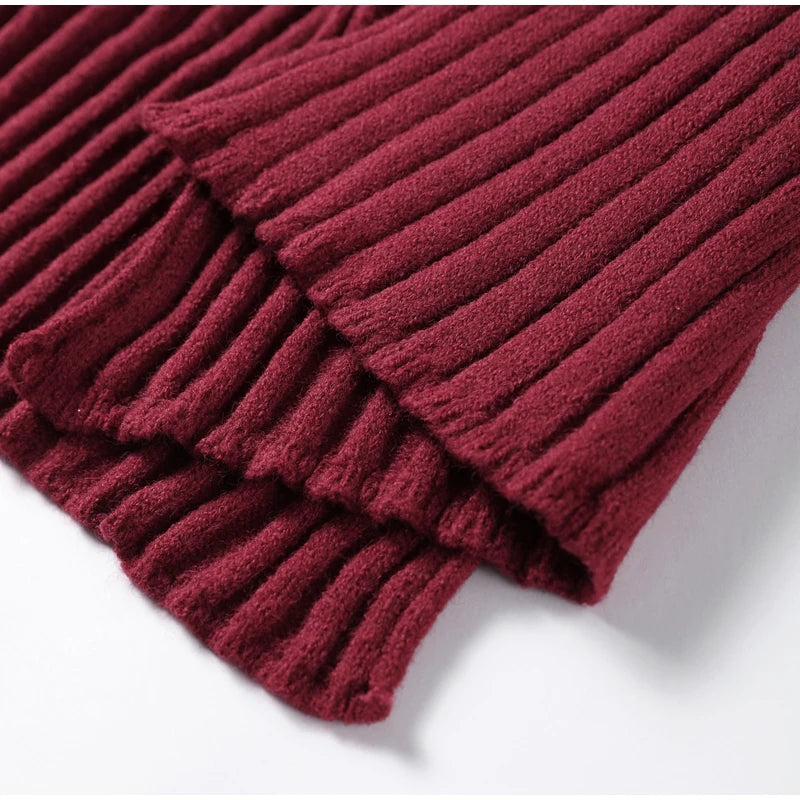Knitted Pants Suit for Women – Scarf Collar Long Sleeve Sweater and Wide Leg Pants Two-Piece Set