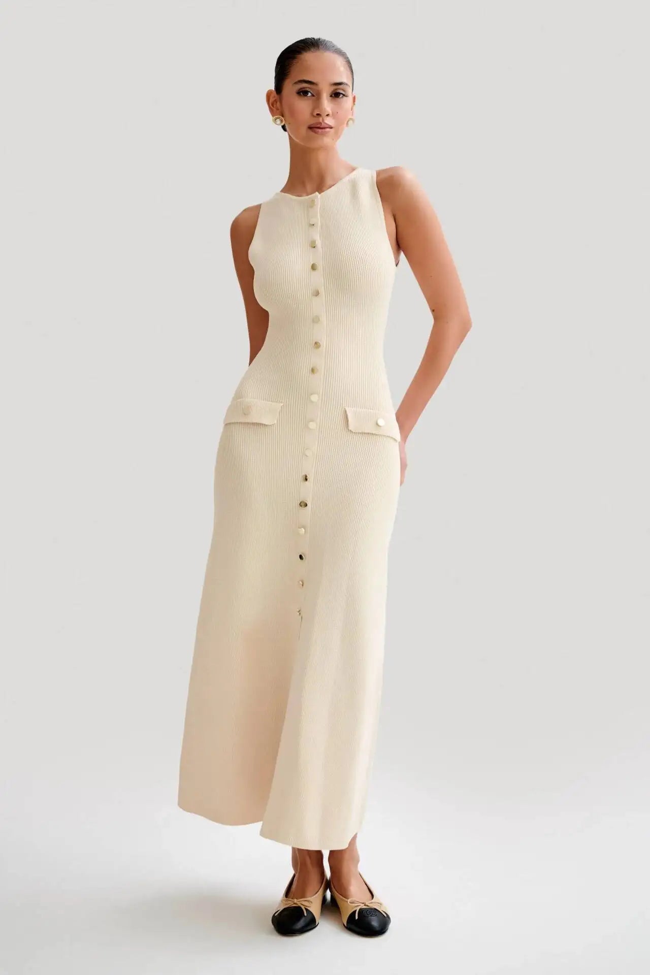 Knitted Single Breasted Long Dress - Sleeveless Bodycon Party Dress