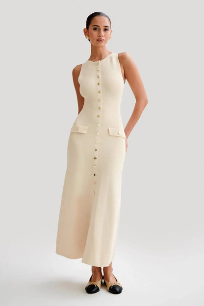 Knitted Single Breasted Long Dress - Sleeveless Bodycon Party Dress