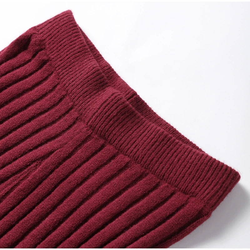 Knitted Pants Suit for Women – Scarf Collar Long Sleeve Sweater and Wide Leg Pants Two-Piece Set