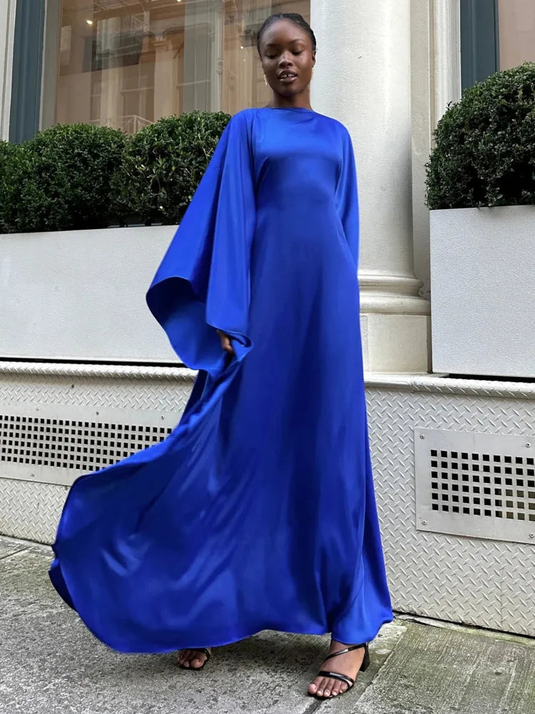 Elegant Satin Long Sleeve Maxi Dress for Women with Slim Round Neck 