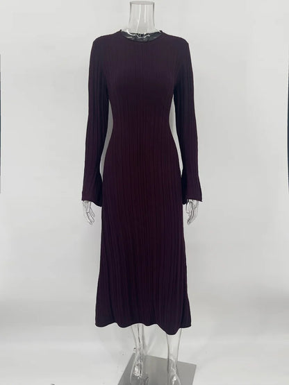 Loose Maxi Dress for Women – Lace-Up High Waist Ribbed Long Sleeve Knit Bandage Dress