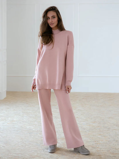 Knitted 2-Piece Suit – Half Turtleneck Sweater & Wide Leg Pants Set