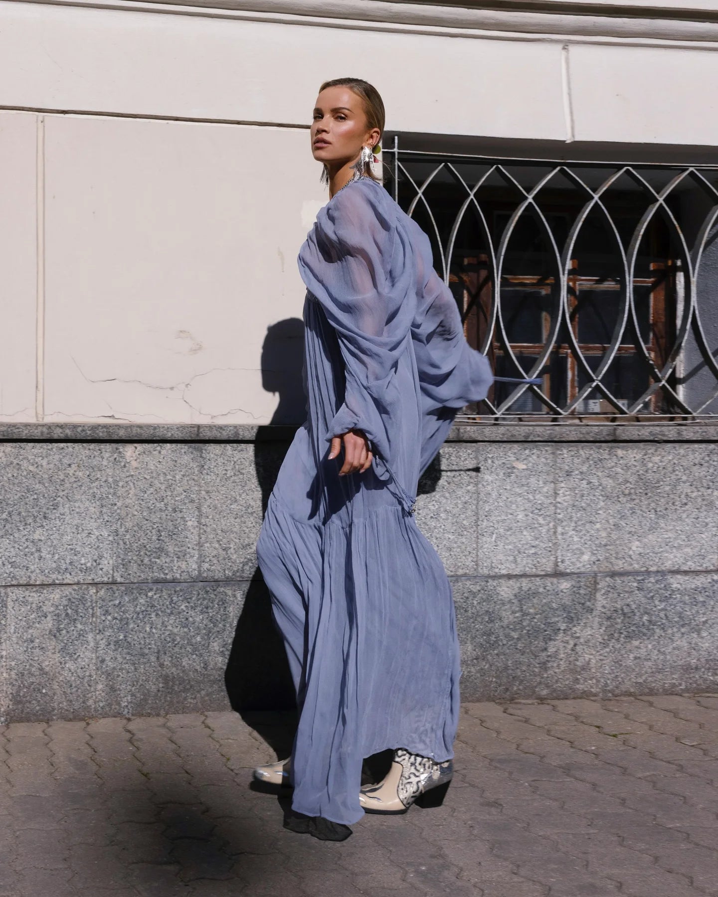 Pleated Puff Sleeve Maxi Dress – V-Neck, A-Line Silhouette
