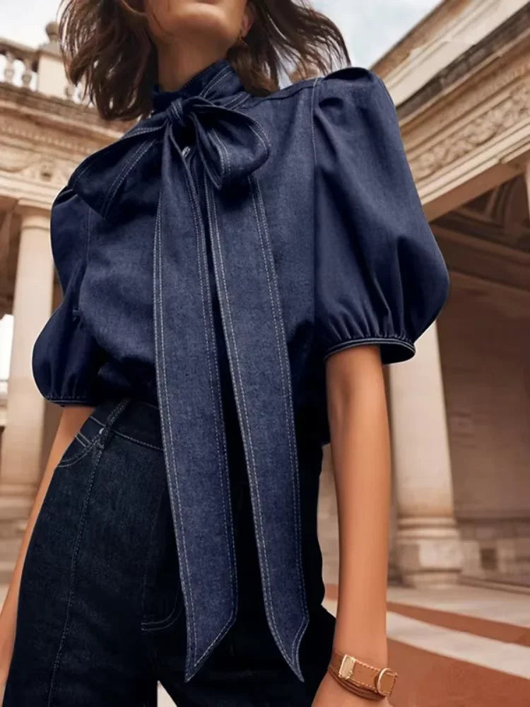 Elegant Puff Sleeve Denim Blouse