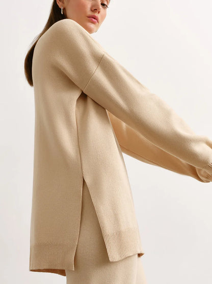 Knitted 2-Piece Suit – Half Turtleneck Sweater & Wide Leg Pants Set