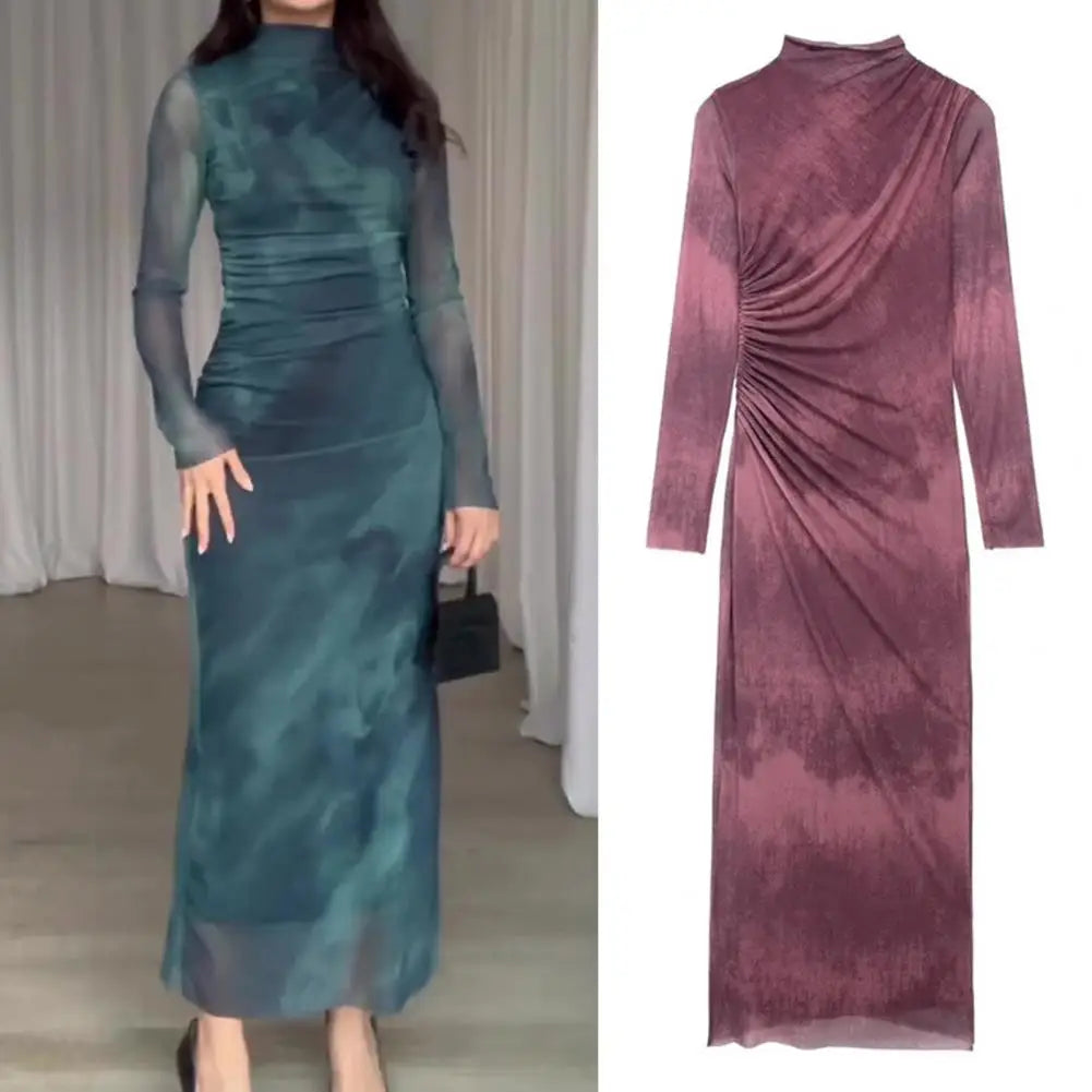 Elegant Pleated Midi Dress for Women - Slim Fit Solid Color Long Sleeve Design with Half-High Collar
