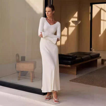 V-Neck Ribbed Knitwear Ruffled Slim Bodycon Maxi Dress