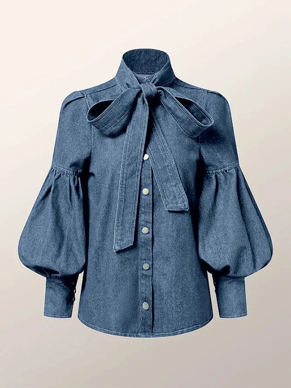 Elegant Puff Sleeve Denim Blouse