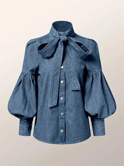 Elegant Puff Sleeve Denim Blouse