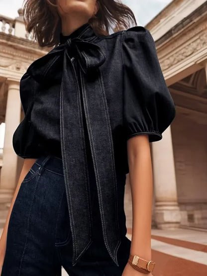 Elegant Puff Sleeve Denim Blouse
