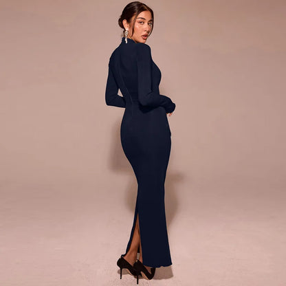 Maxi Dress High Waist Pocket Solid Long Dress