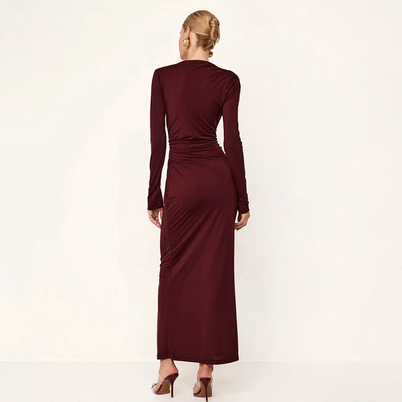Pleated Slim Fashion Maxi Dress – Elegant High Waist Long Sleeve Bandage Dress