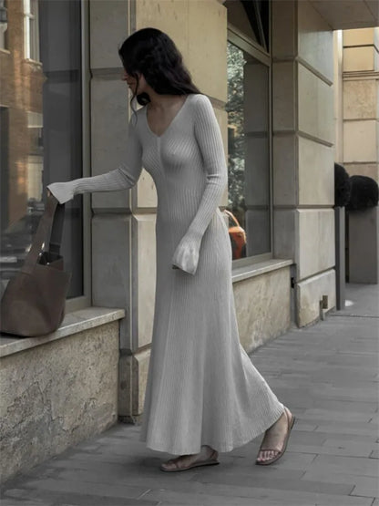 V-Neck Ribbed Knitwear Ruffled Slim Bodycon Maxi Dress