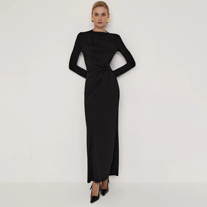 Pleated Slim Fashion Maxi Dress – Elegant High Waist Long Sleeve Bandage Dress