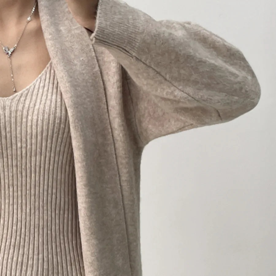 Knitted Dresses 2 Pieces Set V Neck Knit Sweater Dress+long Sleeve Solid Cardigans