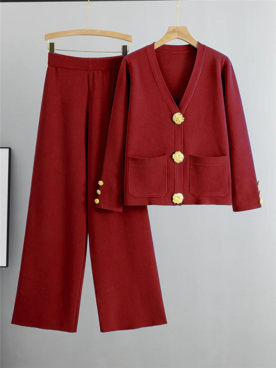 Knitted 2-Piece Set – V-Neck Cardigan Top & High Waist Wide Leg Pants
