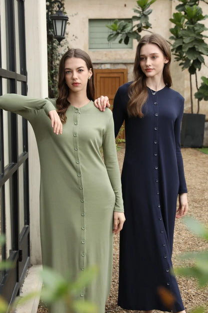 Ribbed V-Neck Button Maxi Dress