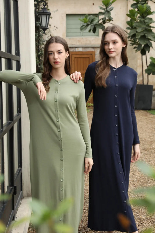 Ribbed V-Neck Button Maxi Dress