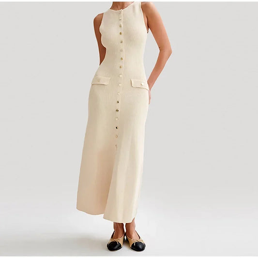 Knitted Single Breasted Long Dress - Sleeveless Bodycon Party Dress