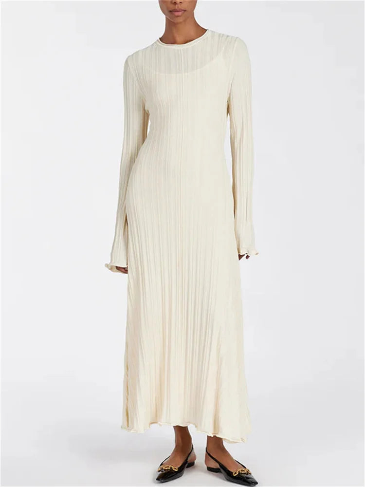 Loose Maxi Dress for Women – Lace-Up High Waist Ribbed Long Sleeve Knit Bandage Dress
