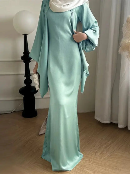 Satin Plain 2-Piece Abaya Set – Elegant Modest Clothing Kaftan Robe