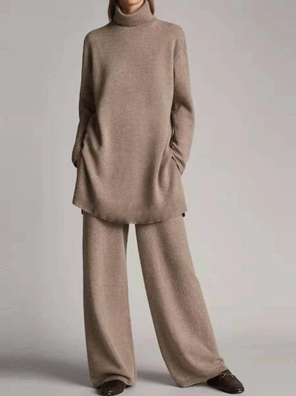 Solid Color Long Pants Set – Loose Turtleneck Pullover & Wide Leg Trousers Two-Piece Set
