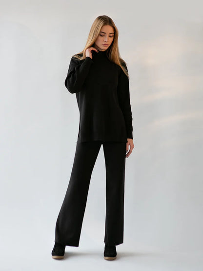 Knitted 2-Piece Suit – Half Turtleneck Sweater & Wide Leg Pants Set